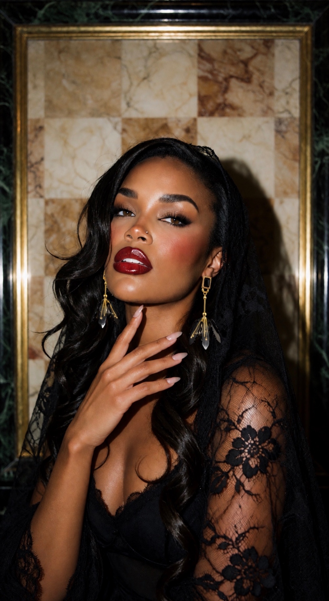 Portrait in black lace wearing crystal drop earrings, photographed against marble