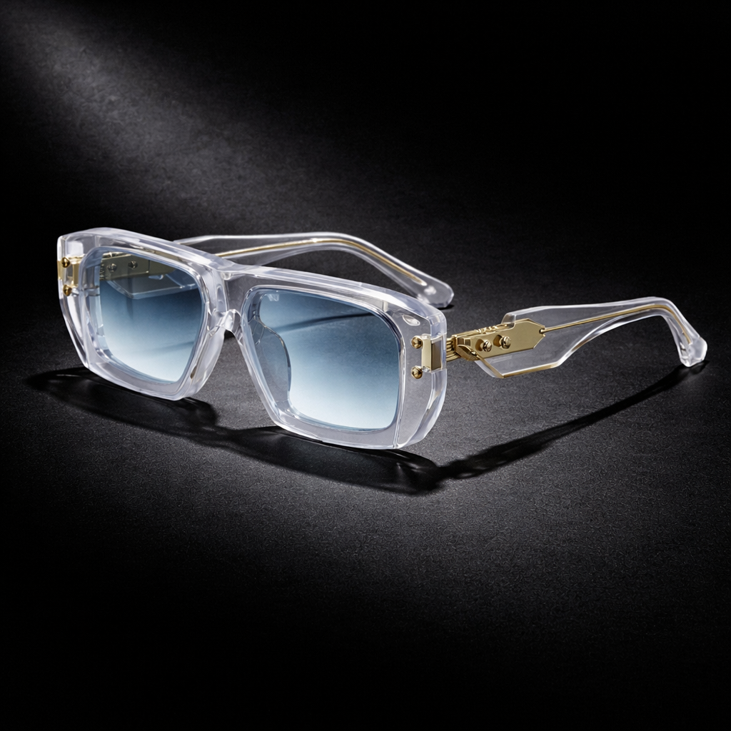 BERSALO 01 - Cielo. Luxury limited edition sunglasses. Structured acetate frame with gradient blue lens and gold architectural temple hardware. BERSALO OPTICA. bersalo.com​​​​​​​​​​​​​​​​