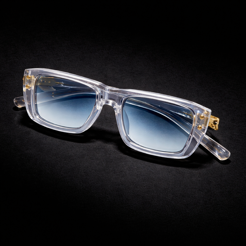 BERSALO 01 - Cielo. Luxury limited edition sunglasses. Structured acetate frame with gradient blue lens and gold architectural temple hardware. BERSALO OPTICA. bersalo.com​​​​​​​​​​​​​​​​