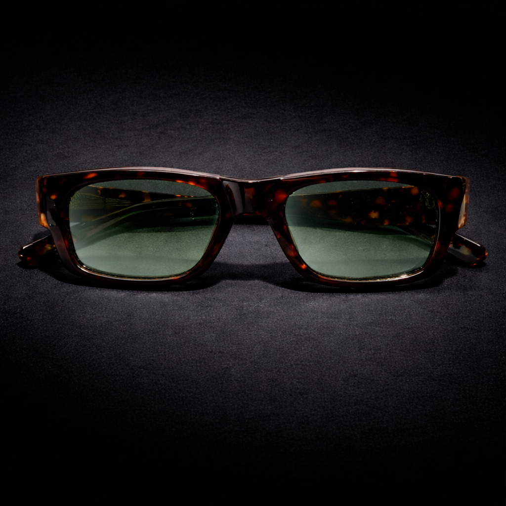 BERSALO O 02 - Amber Tortuga Sunglasses with a thick tortoiseshell frame and green lenses  