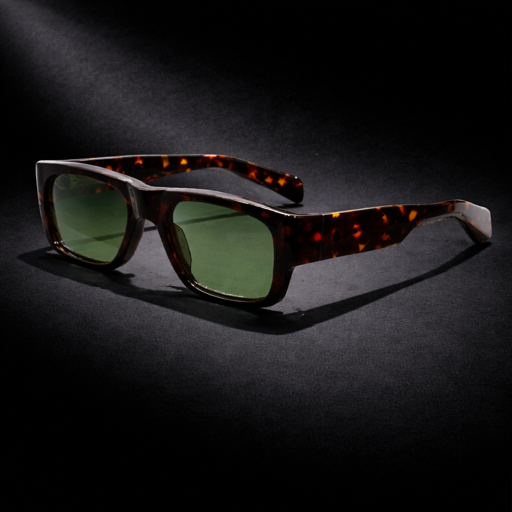 BERSALO O 02 - Amber Tortuga Sunglasses with a thick tortoiseshell frame and green lenses  