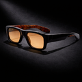 BERSALO O 02 - Black Honey -  Rectangular black acetate sunglasses with amber honey lenses and tortoiseshell temples on white background
