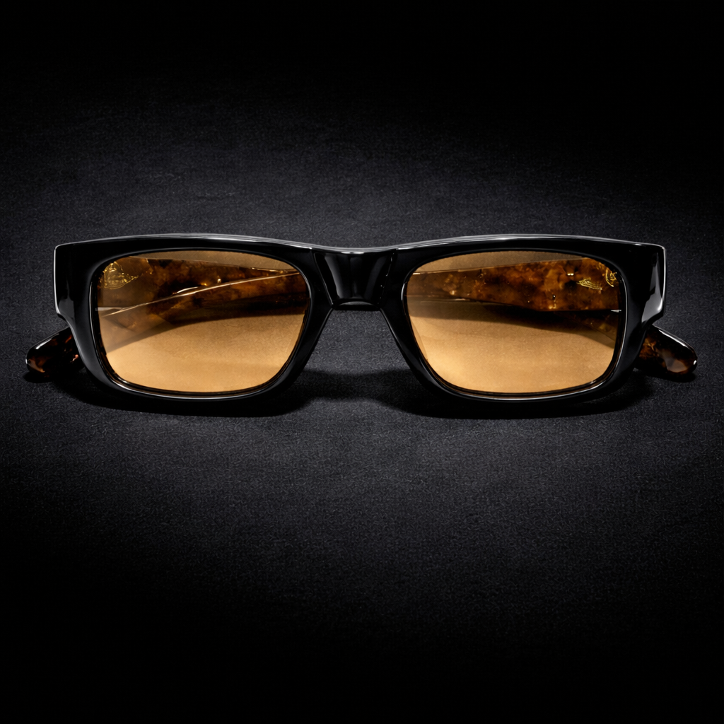 BERSALO O 02 - Black Honey -  Rectangular black acetate sunglasses with amber honey lenses and tortoiseshell temples on white background