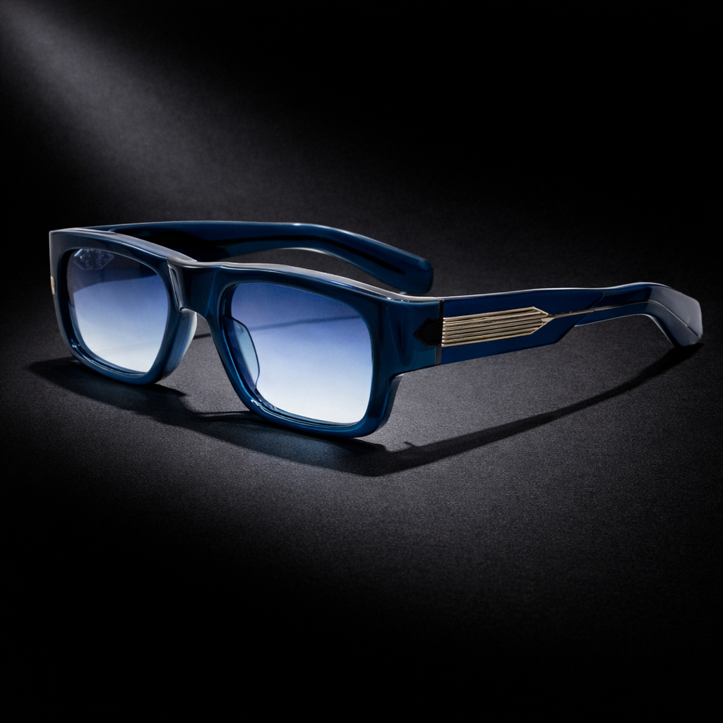BERSALO O 02 Cobalto Rico - Rectangular deep blue acetate sunglasses with blue-tinted lenses and gold hardware detail on white background