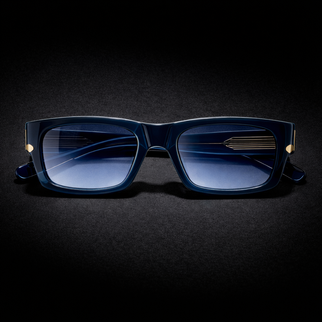 BERSALO O 02 Cobalto Rico - Rectangular deep blue acetate sunglasses with blue-tinted lenses and gold hardware detail on white background