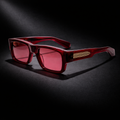 BERSALO O 02 — Rosa — Rectangular deep burgundy acetate sunglasses with rose-tinted lenses and gold hardware detail on white background