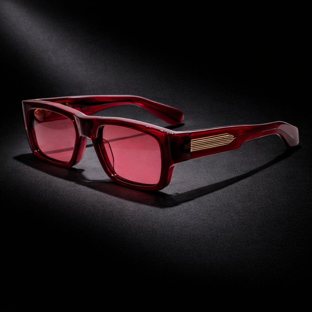 BERSALO O 02 — Rosa — Rectangular deep burgundy acetate sunglasses with rose-tinted lenses and gold hardware detail on white background