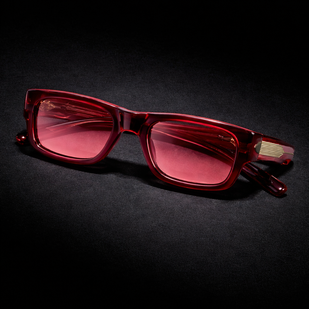 BERSALO O 02 — Rosa — Rectangular deep burgundy acetate sunglasses with rose-tinted lenses and gold hardware detail on white background